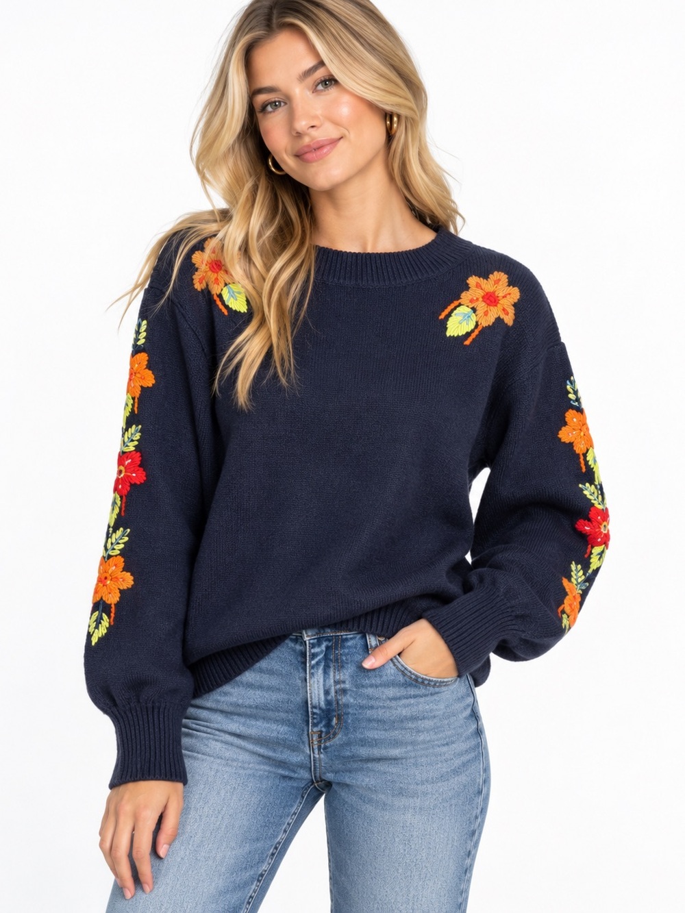 Something Navy Navy Crewneck Sweater with Orange Floral Embroidery